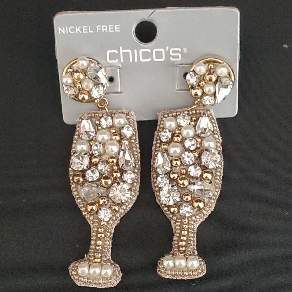 Chicos Beaded Champagne Glass Drop Earrings Gold Pearl Rhinestone New